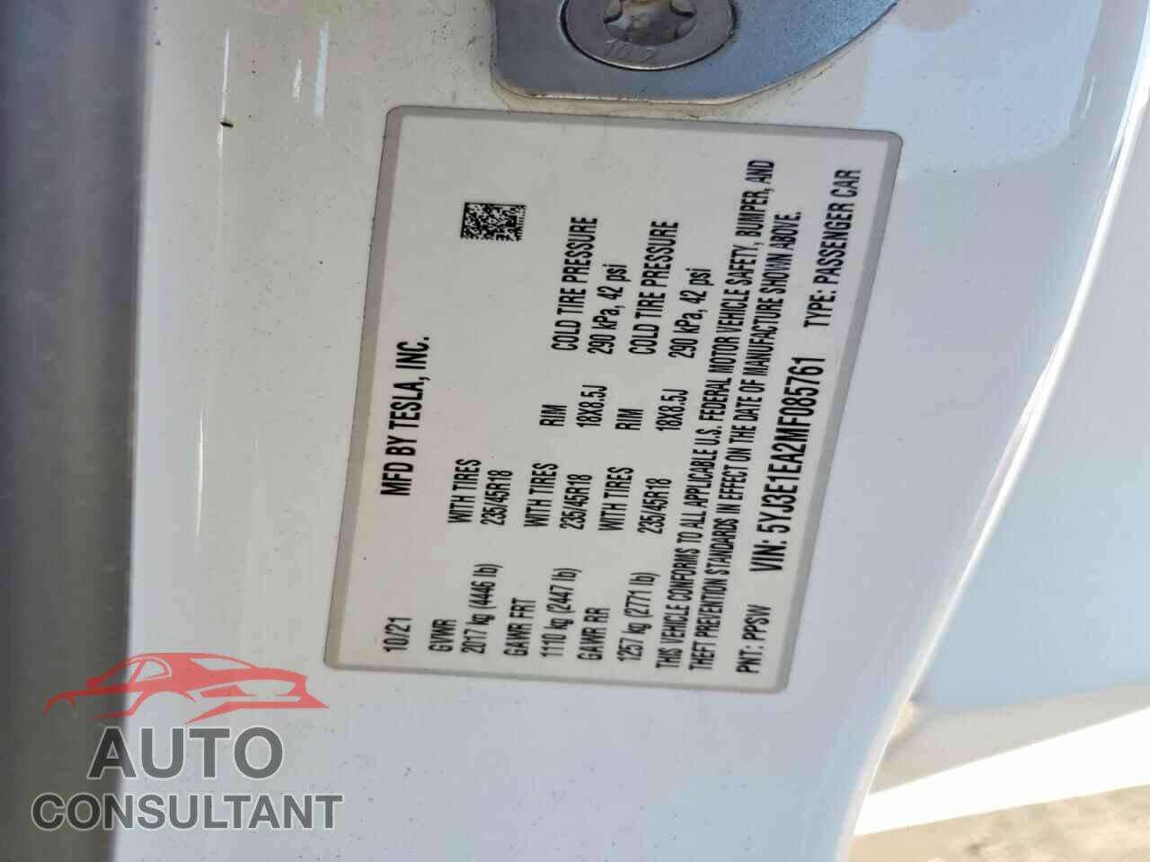 TESLA MODEL 3 2021 - 5YJ3E1EA2MF085761
