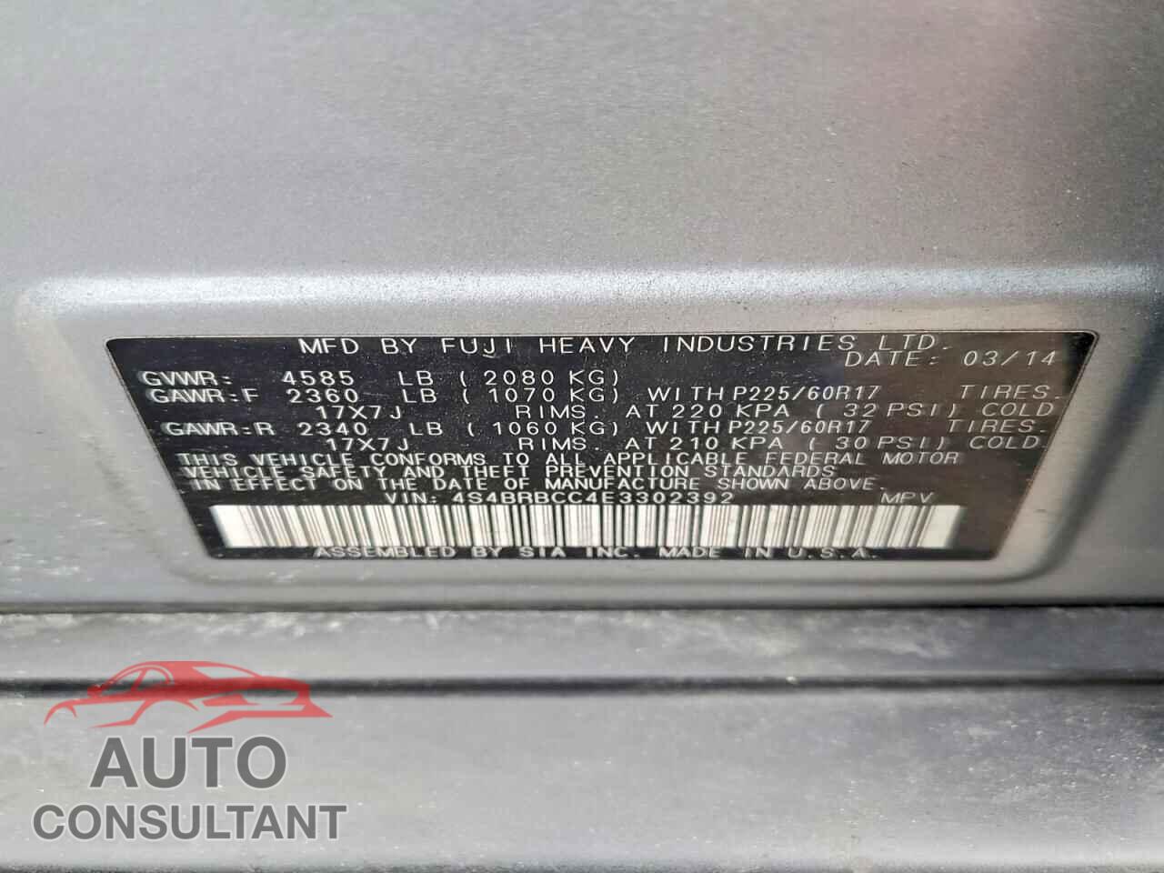 SUBARU OUTBACK 2014 - 4S4BRBCC4E3302392