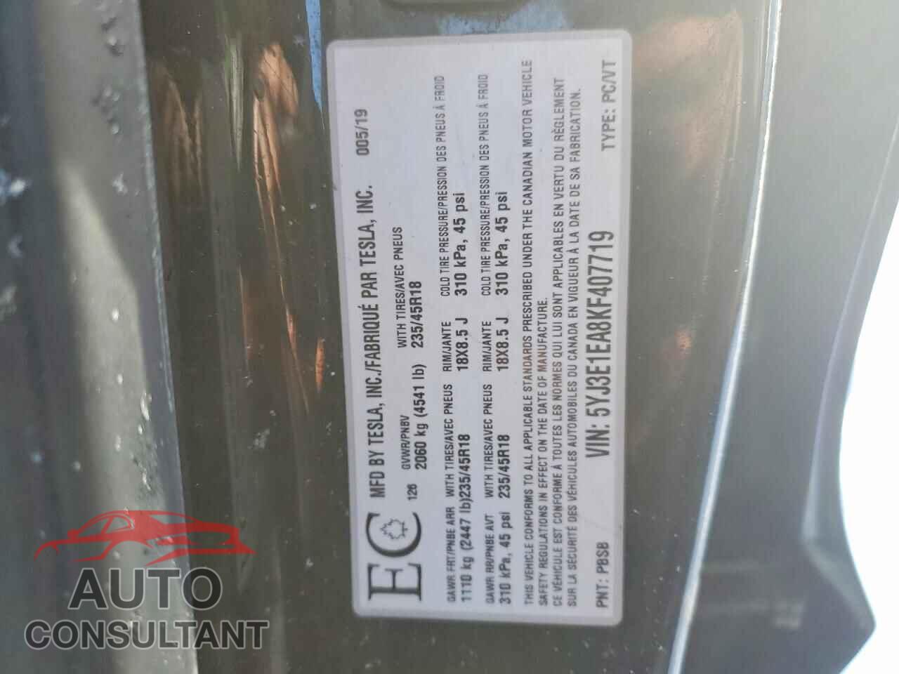 TESLA MODEL 3 2019 - 5YJ3E1EA8KF407719