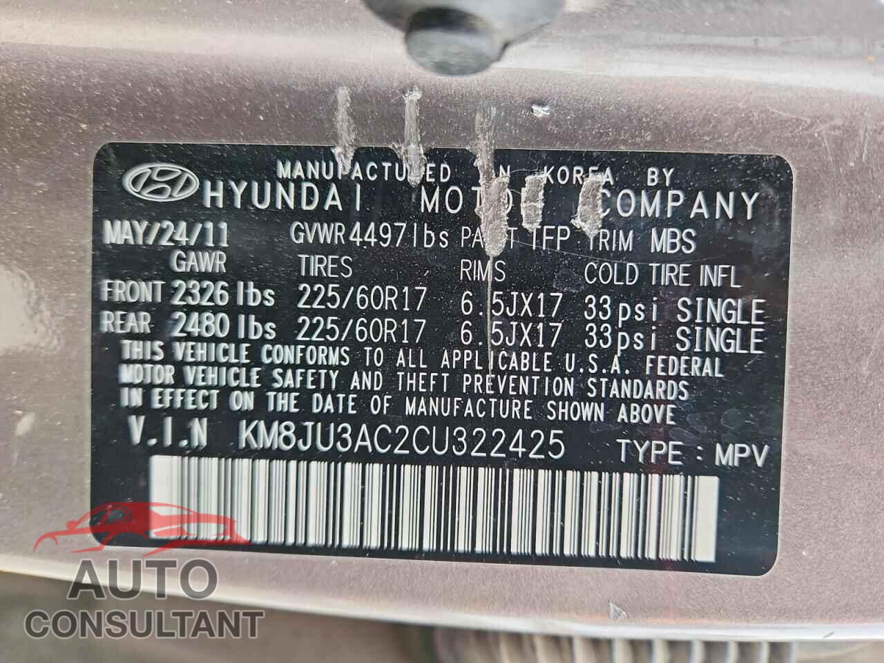 HYUNDAI TUCSON 2012 - KM8JU3AC2CU322425