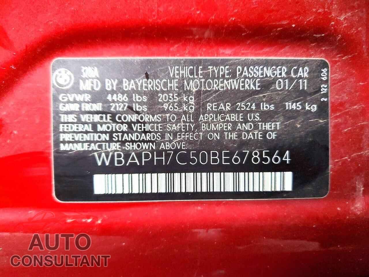 BMW 3 SERIES 2011 - WBAPH7C50BE678564
