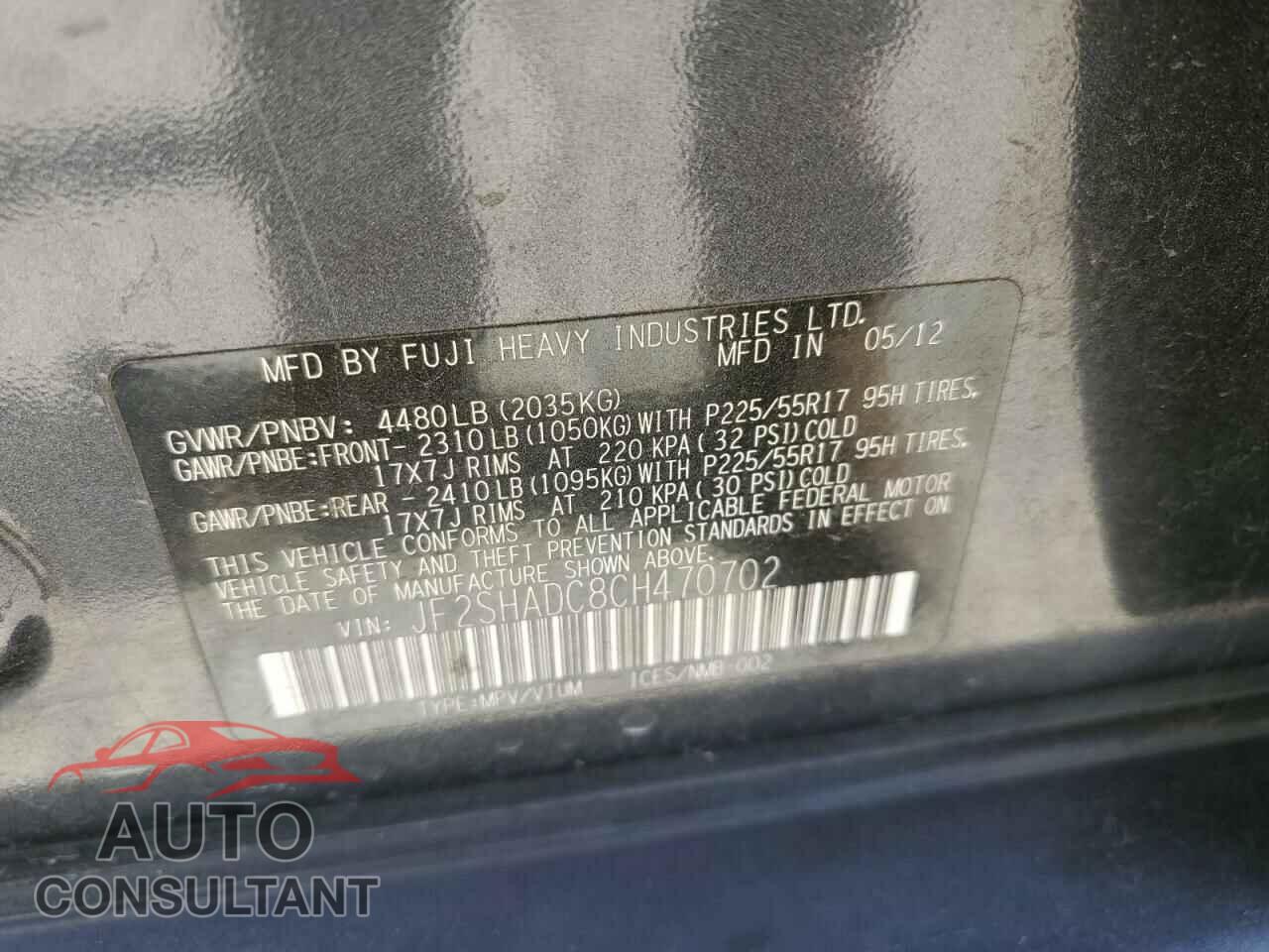 SUBARU FORESTER 2012 - JF2SHADC8CH470702