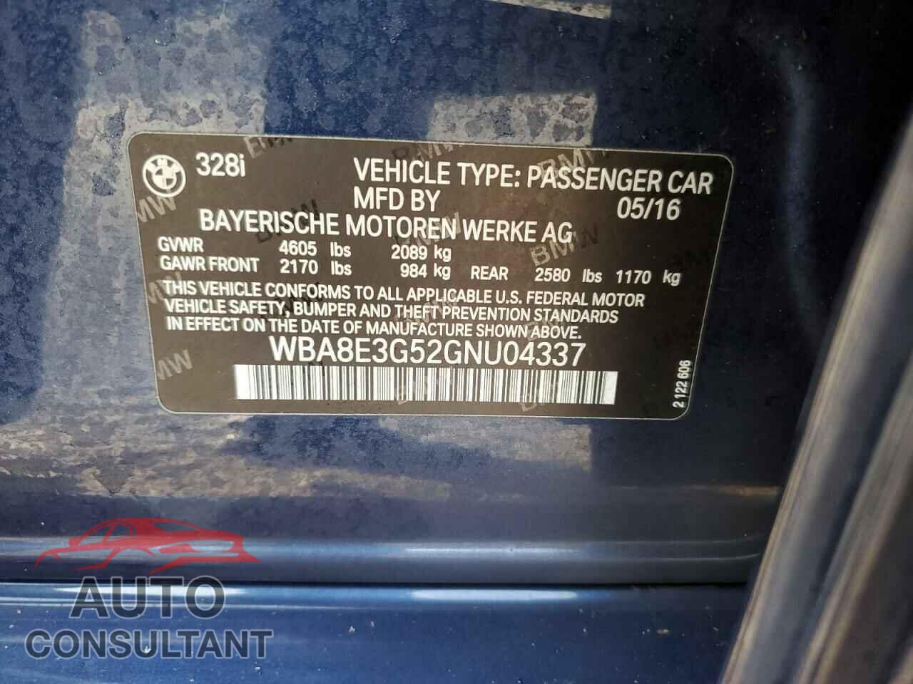 BMW 3 SERIES 2016 - WBA8E3G52GNU04337