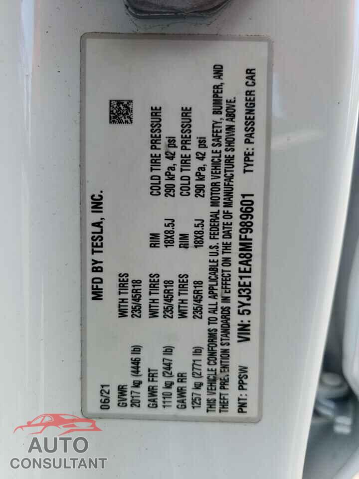 TESLA MODEL 3 2021 - 5YJ3E1EA8MF989601