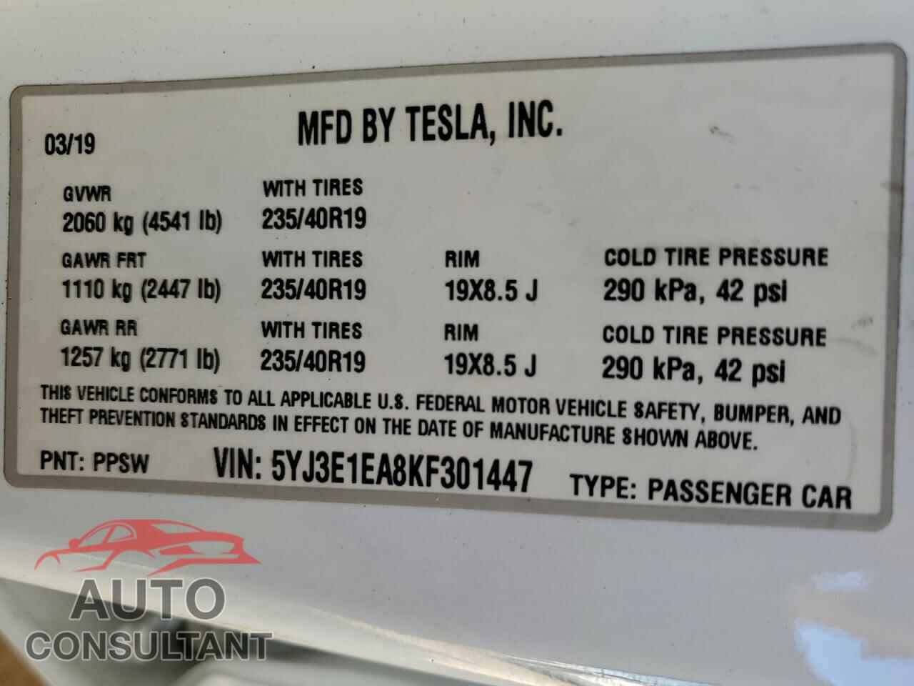 TESLA MODEL 3 2019 - 5YJ3E1EA8KF301447