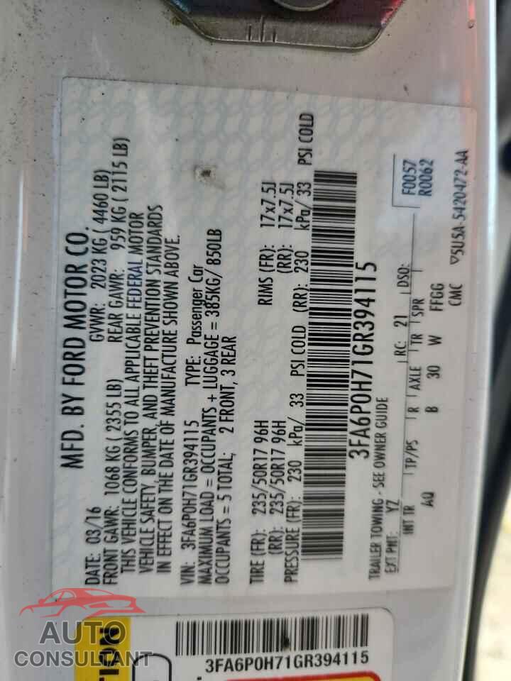 FORD FUSION 2016 - 3FA6P0H71GR394115