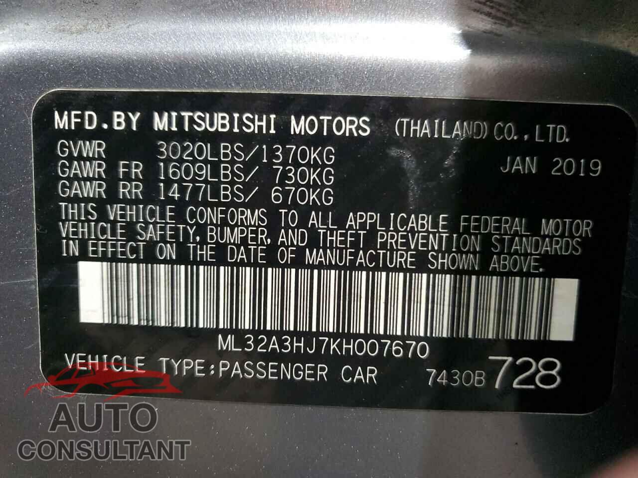 MITSUBISHI MIRAGE 2019 - ML32A3HJ7KH007670