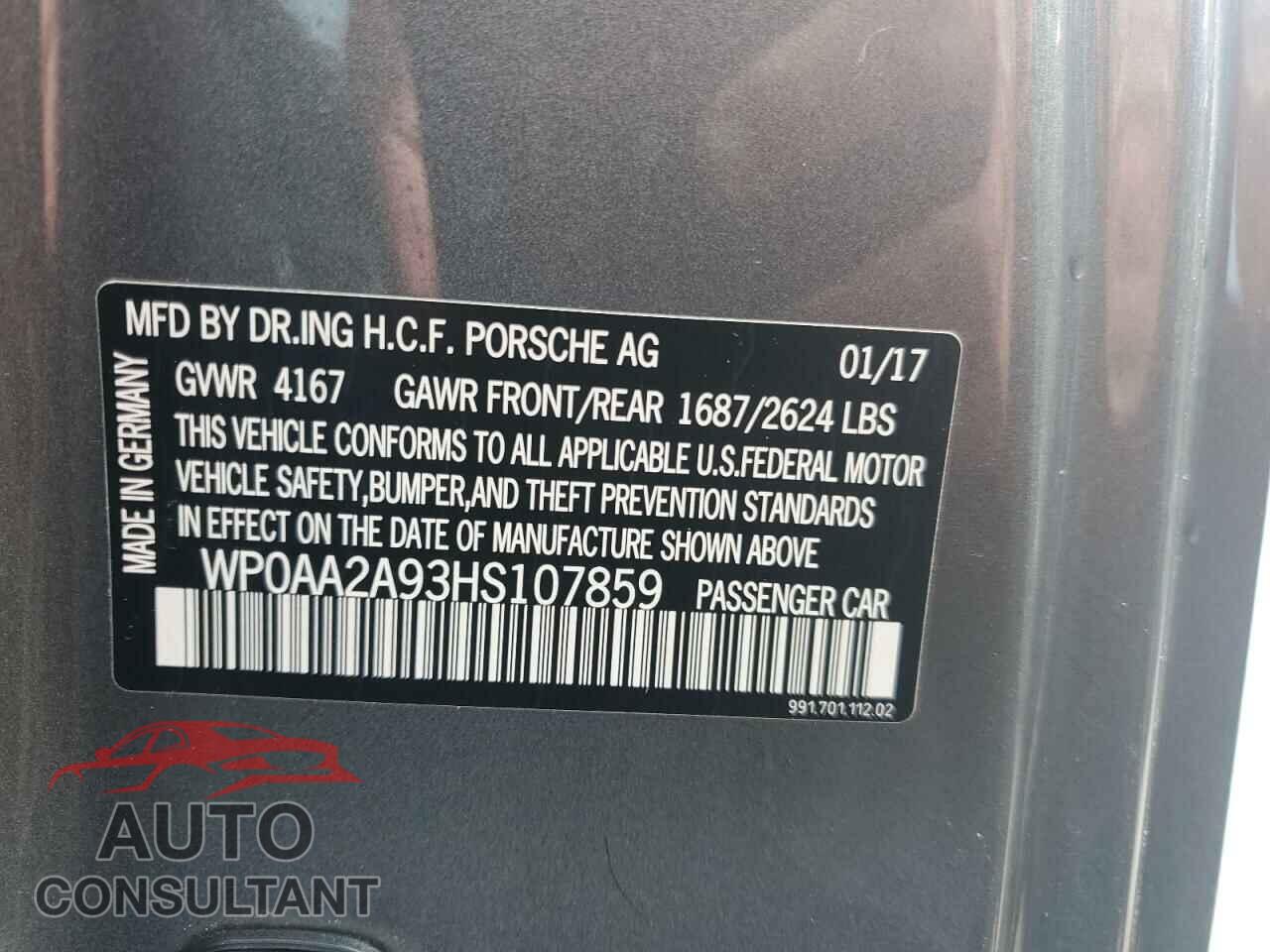 PORSCHE 911 2017 - WP0AA2A93HS107859
