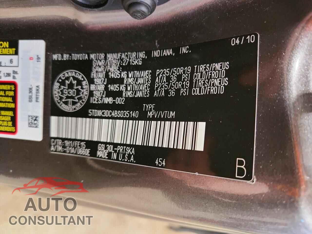 TOYOTA SIENNA 2011 - 5TDXK3DC4BS035140