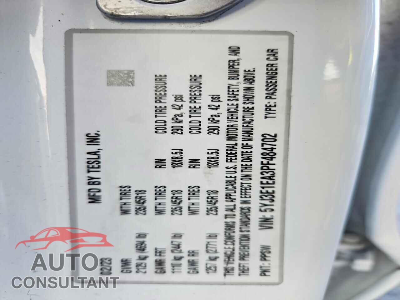 TESLA MODEL 3 2023 - 5YJ3E1EA3PF484702