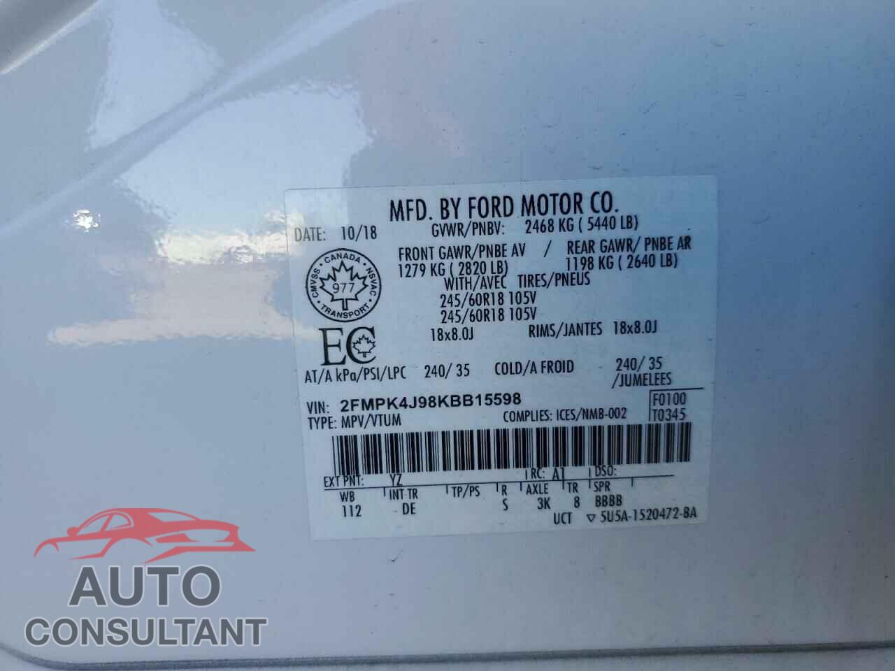 FORD EDGE 2019 - 2FMPK4J98KBB15598