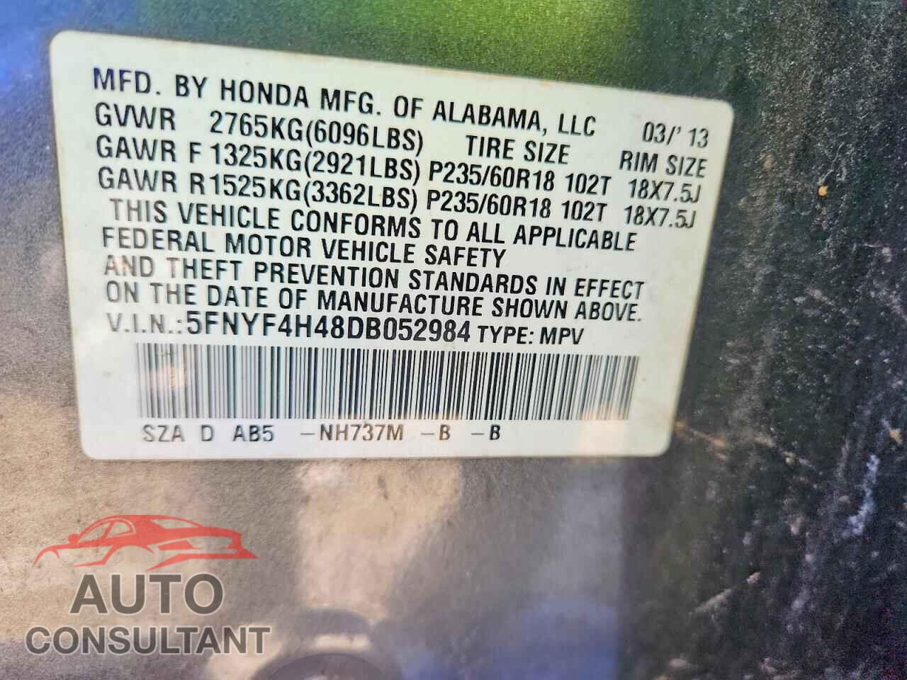 HONDA PILOT 2013 - 5FNYF4H48DB052984