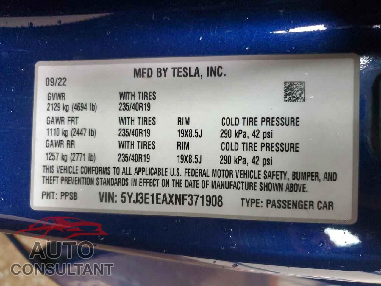 TESLA MODEL 3 2022 - 5YJ3E1EAXNF371908
