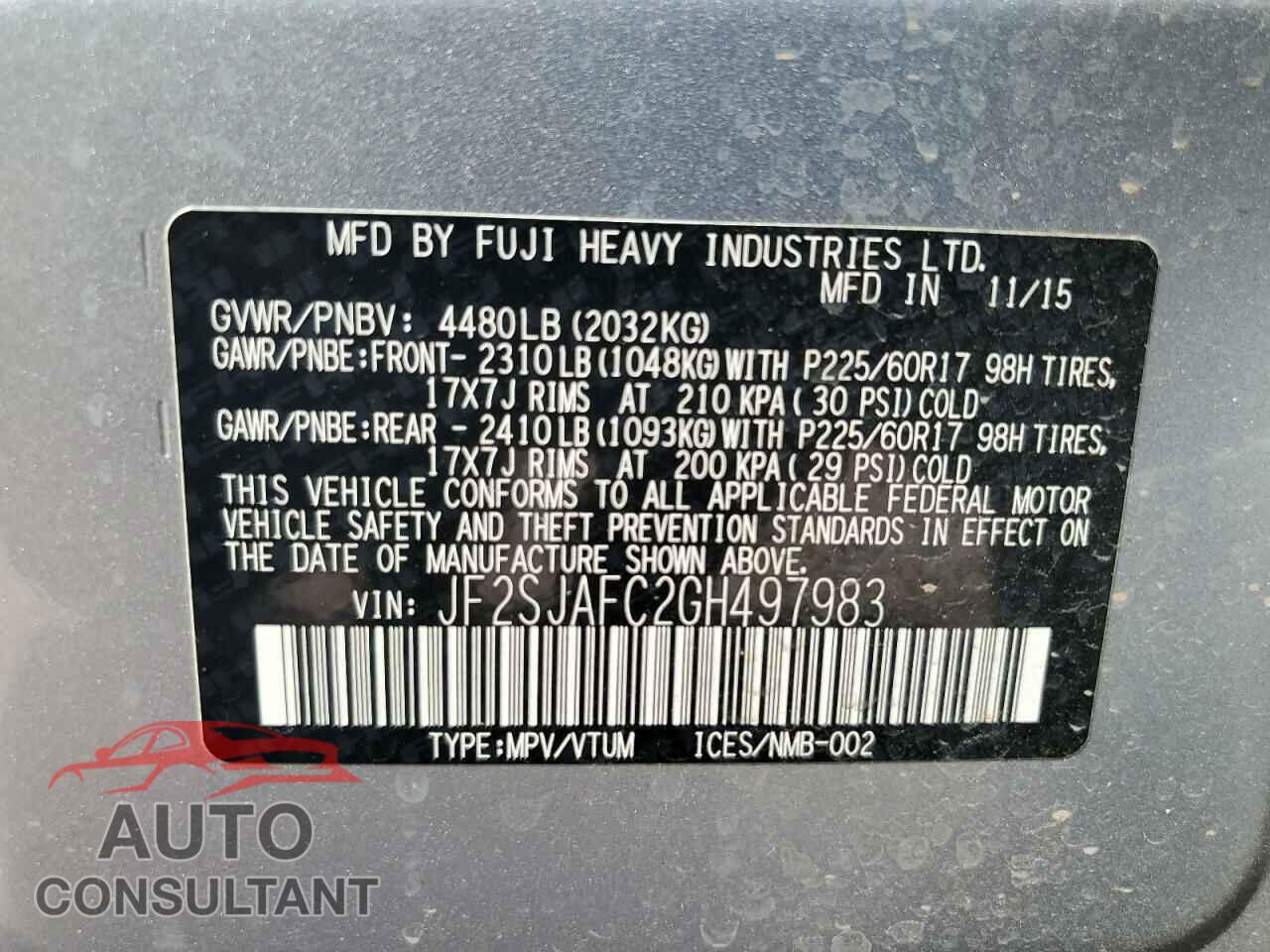 SUBARU FORESTER 2016 - JF2SJAFC2GH497983