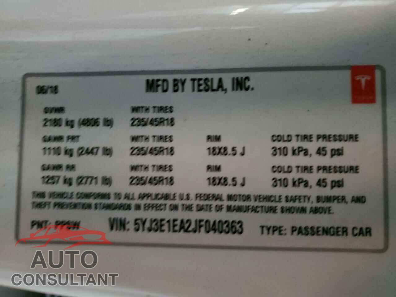 TESLA MODEL 3 2018 - 5YJ3E1EA2JF040363
