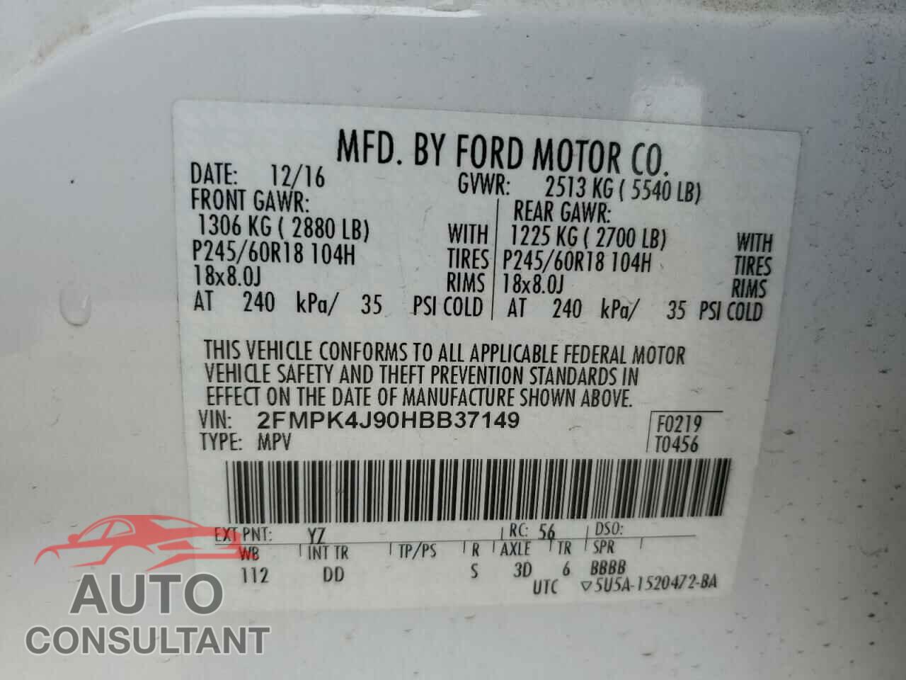 FORD EDGE 2017 - 2FMPK4J90HBB37149