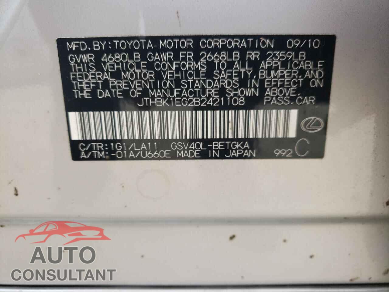LEXUS ES350 2011 - JTHBK1EG2B2421108