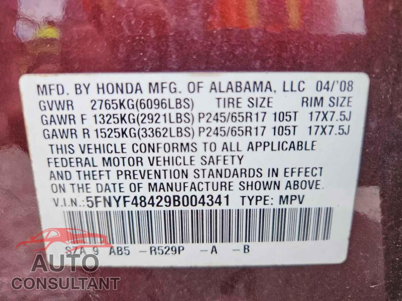HONDA PILOT 2009 - 5FNYF48429B004341