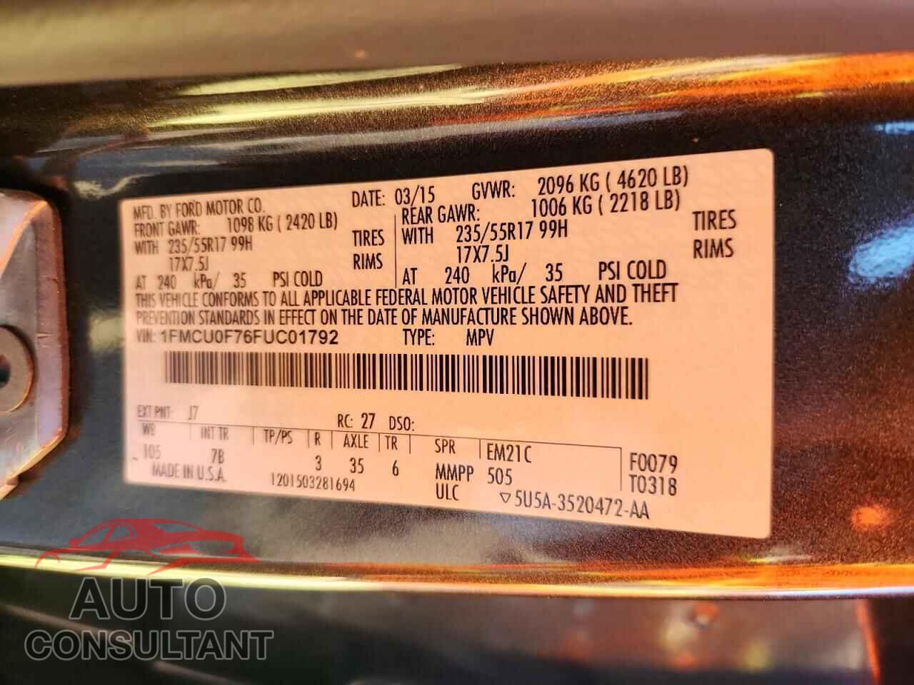 FORD ESCAPE 2015 - 1FMCU0F76FUC01792