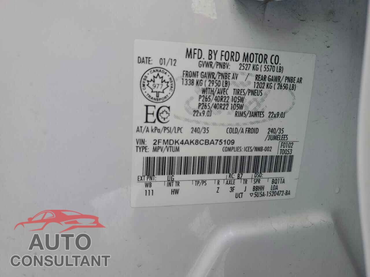FORD EDGE 2012 - 2FMDK4AK8CBA75109