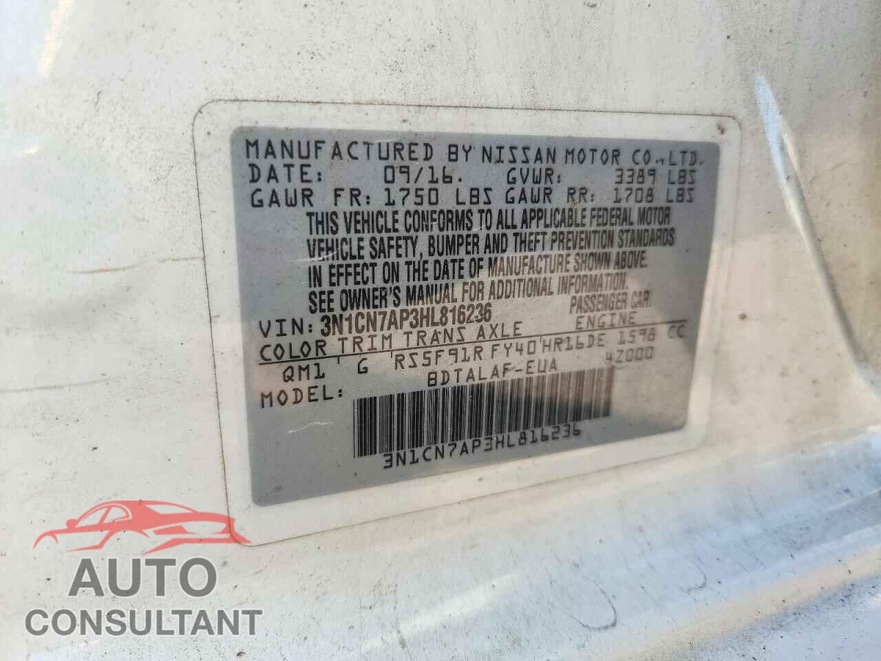 NISSAN VERSA 2017 - 3N1CN7AP3HL816236