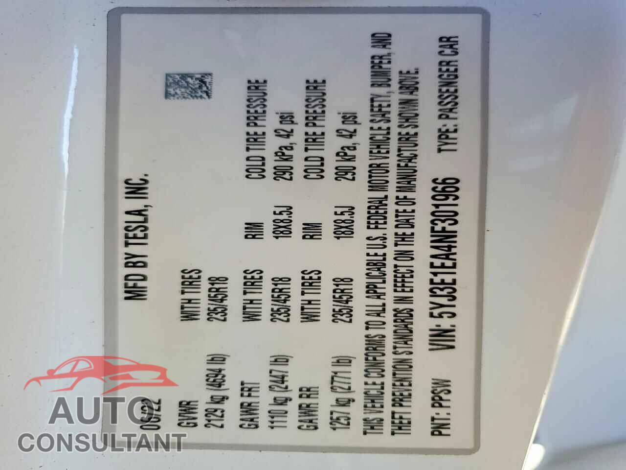 TESLA MODEL 3 2022 - 5YJ3E1EA4NF301966