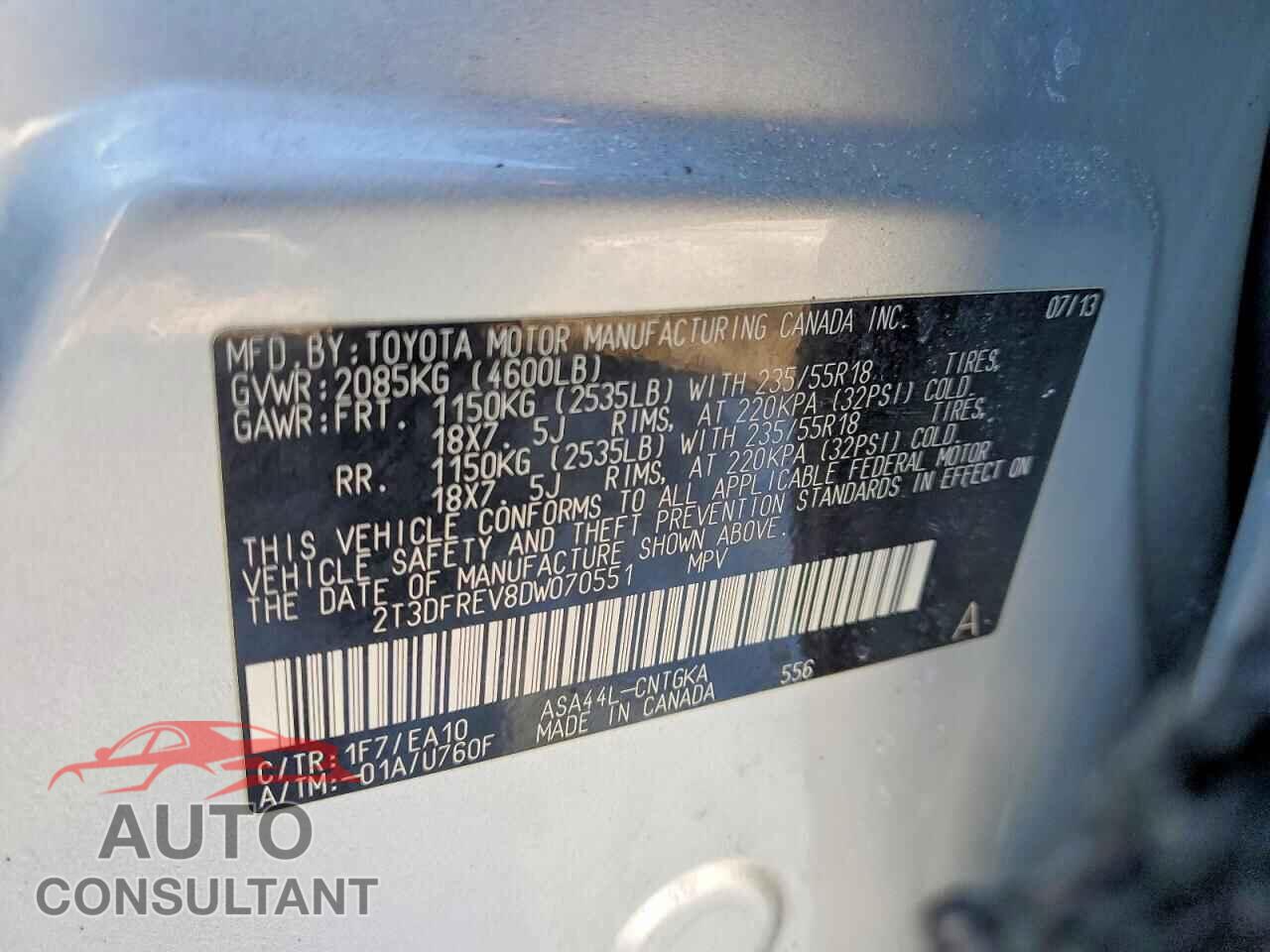 TOYOTA RAV4 2013 - 2T3DFREV8DW070551