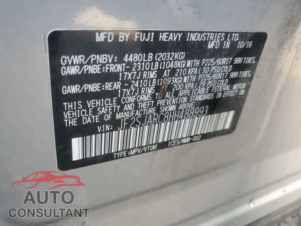SUBARU FORESTER 2017 - JF2SJARC8HH488993
