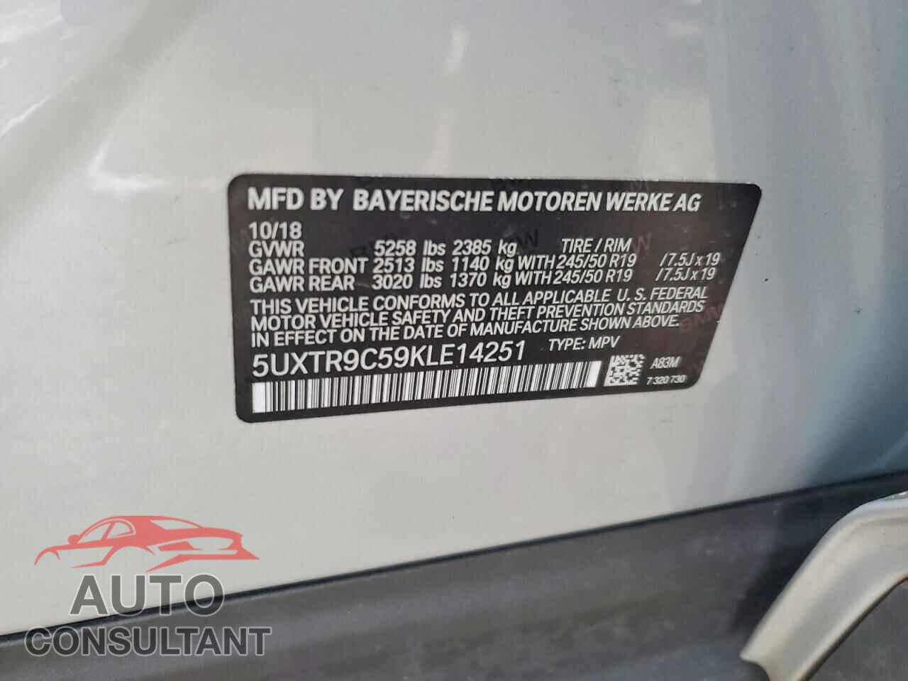 BMW X3 2019 - 5UXTR9C59KLE14251