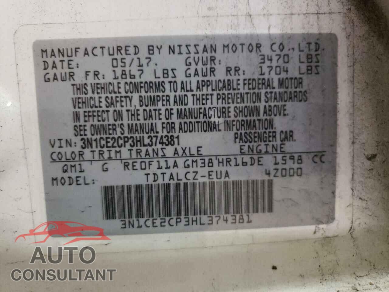 NISSAN VERSA 2017 - 3N1CE2CP3HL374381