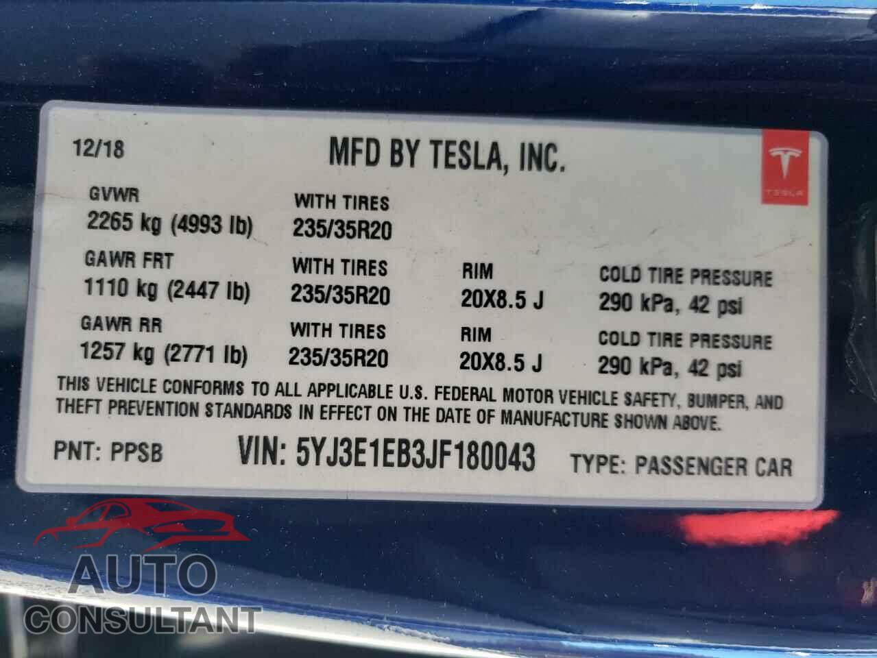 TESLA MODEL 3 2018 - 5YJ3E1EB3JF180043