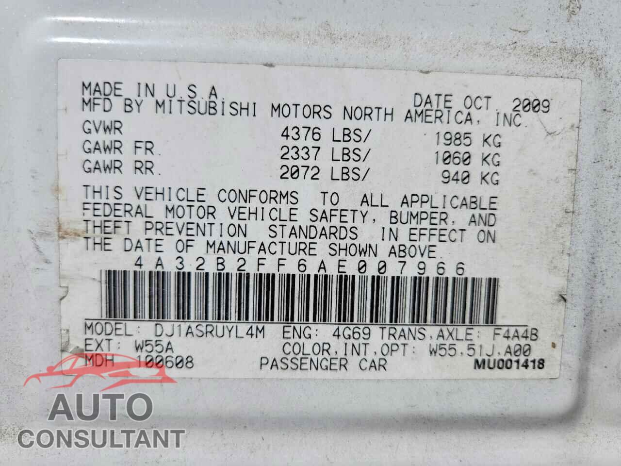 MITSUBISHI GALANT 2010 - 4A32B2FF6AE007966