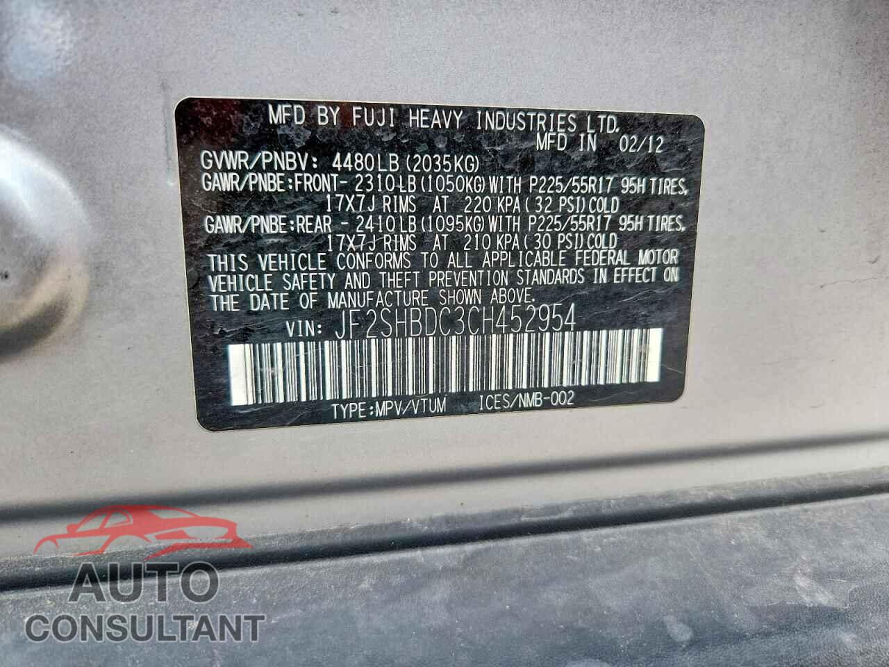 SUBARU FORESTER 2012 - JF2SHBDC3CH452954
