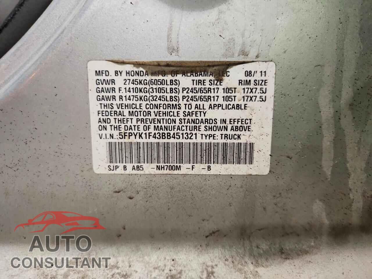 HONDA RIDGELINE 2011 - 5FPYK1F43BB451321