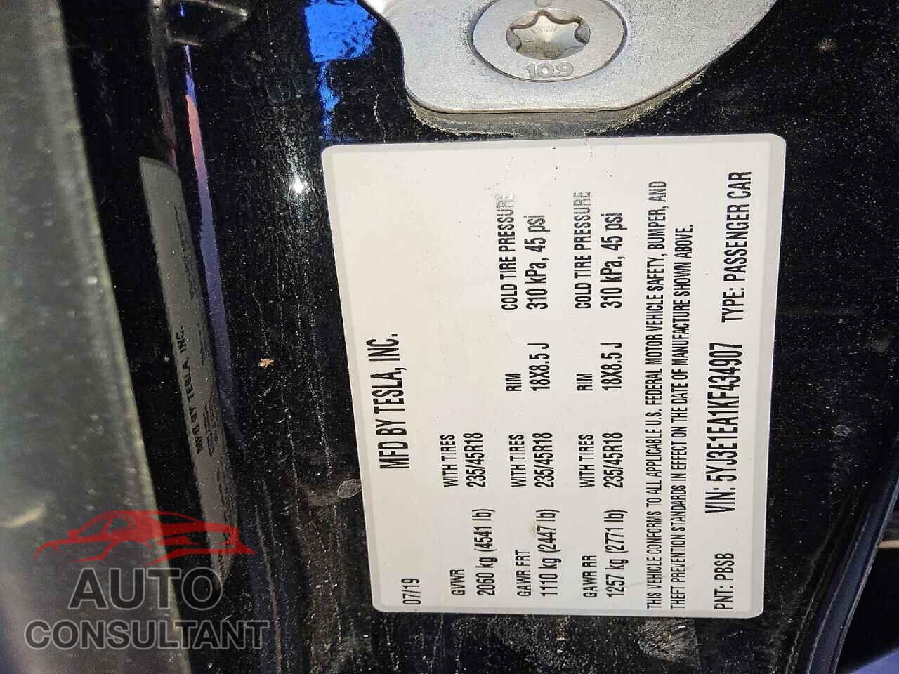 TESLA MODEL 3 2019 - 5YJ3E1EA1KF434907