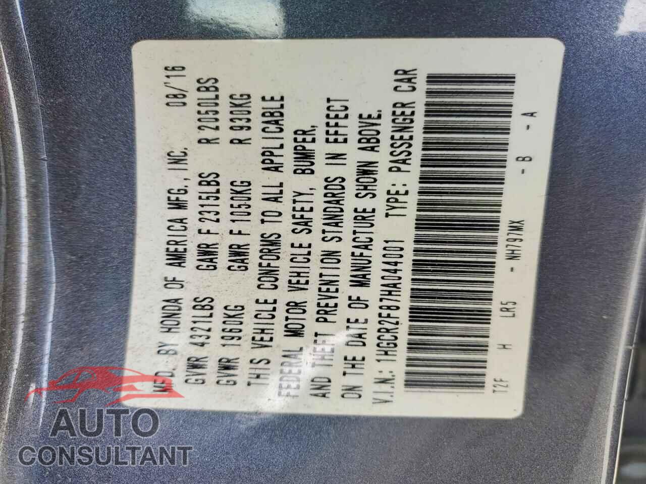 HONDA ACCORD 2017 - 1HGCR2F87HA044001
