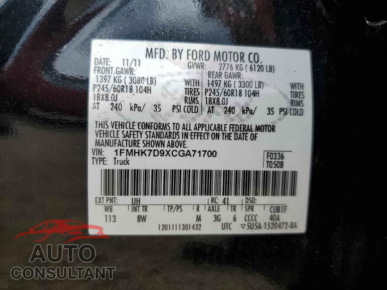 FORD EXPLORER 2012 - 1FMHK7D9XCGA71700