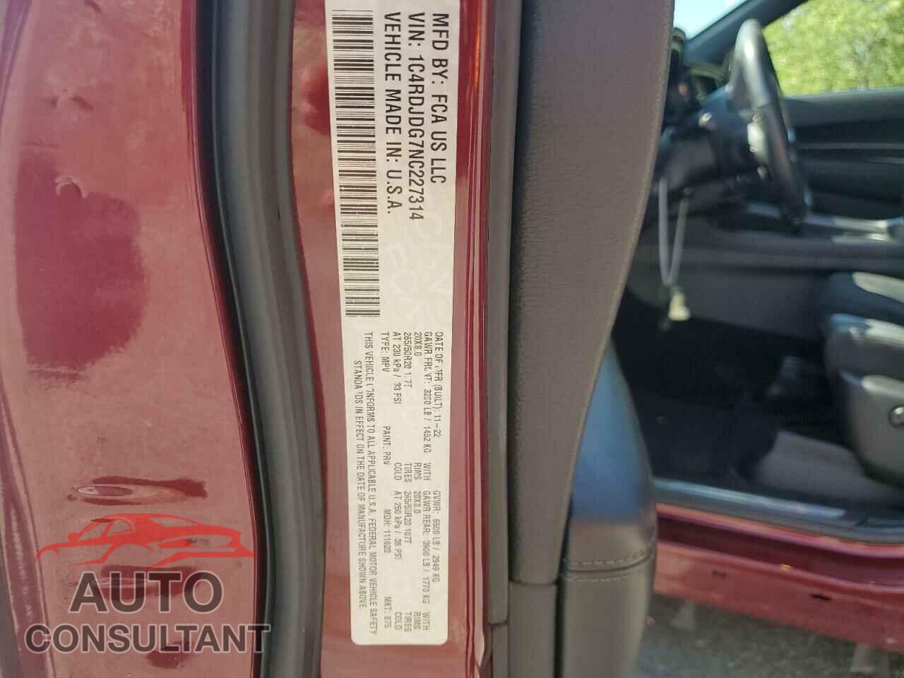 DODGE DURANGO 2022 - 1C4RDJDG7NC227314