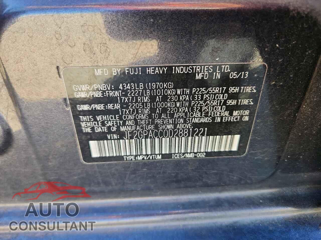 SUBARU XV 2013 - JF2GPACC0D2881221