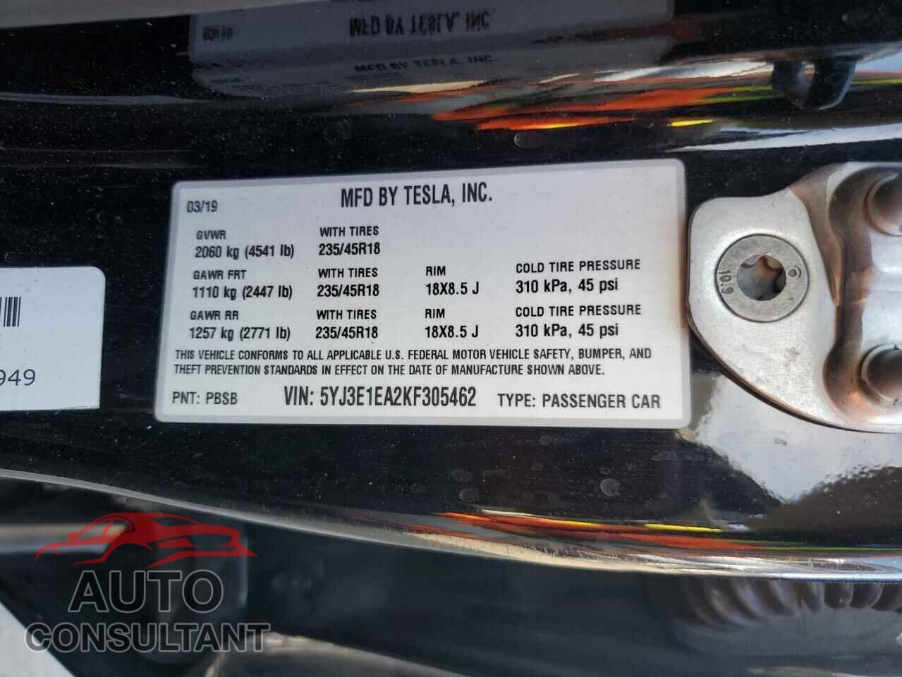 TESLA MODEL 3 2019 - 5YJ3E1EA2KF305462