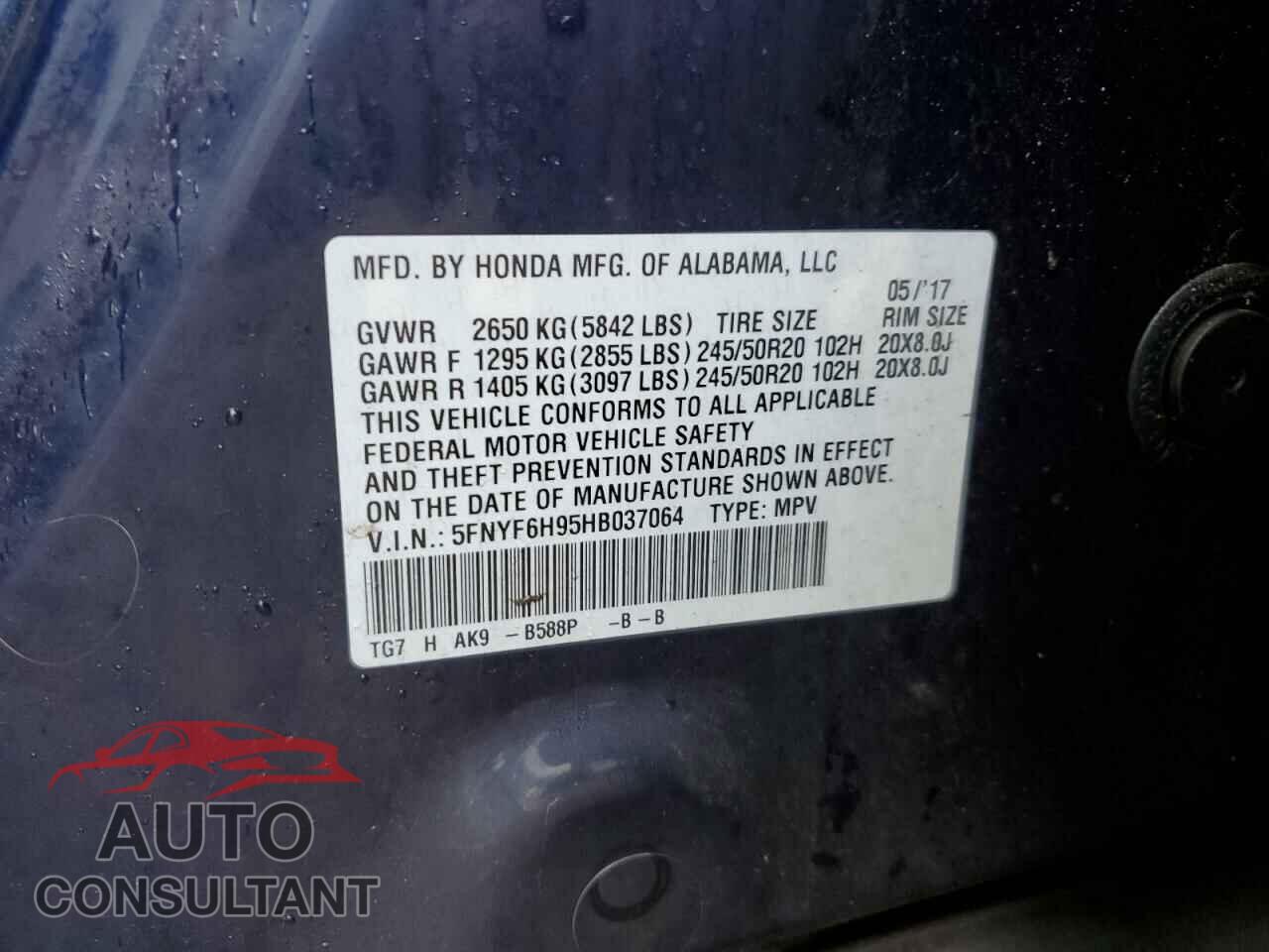 HONDA PILOT 2017 - 5FNYF6H95HB037064
