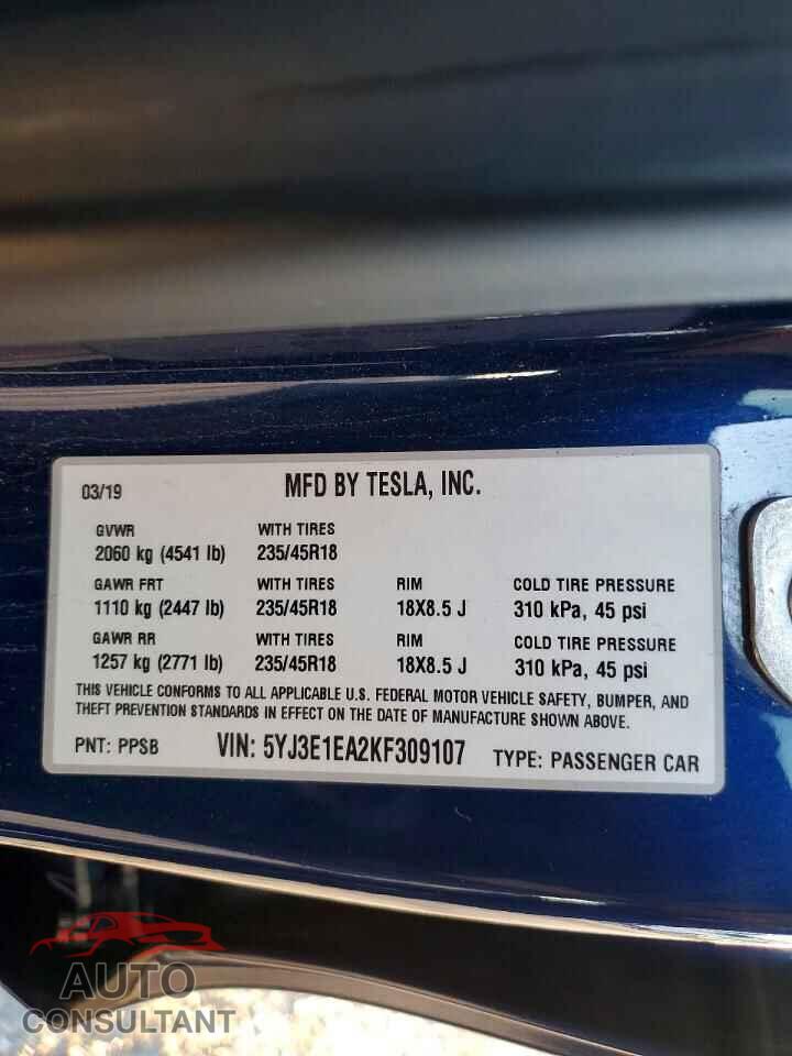 TESLA MODEL 3 2019 - 5YJ3E1EA2KF309107