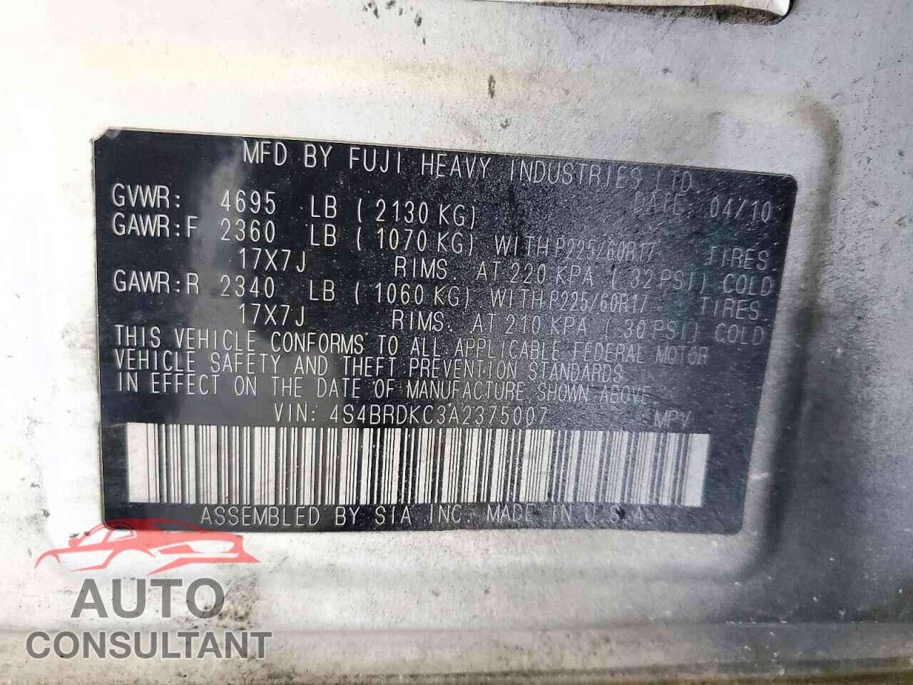SUBARU OUTBACK 2010 - 4S4BRDKC3A2375007