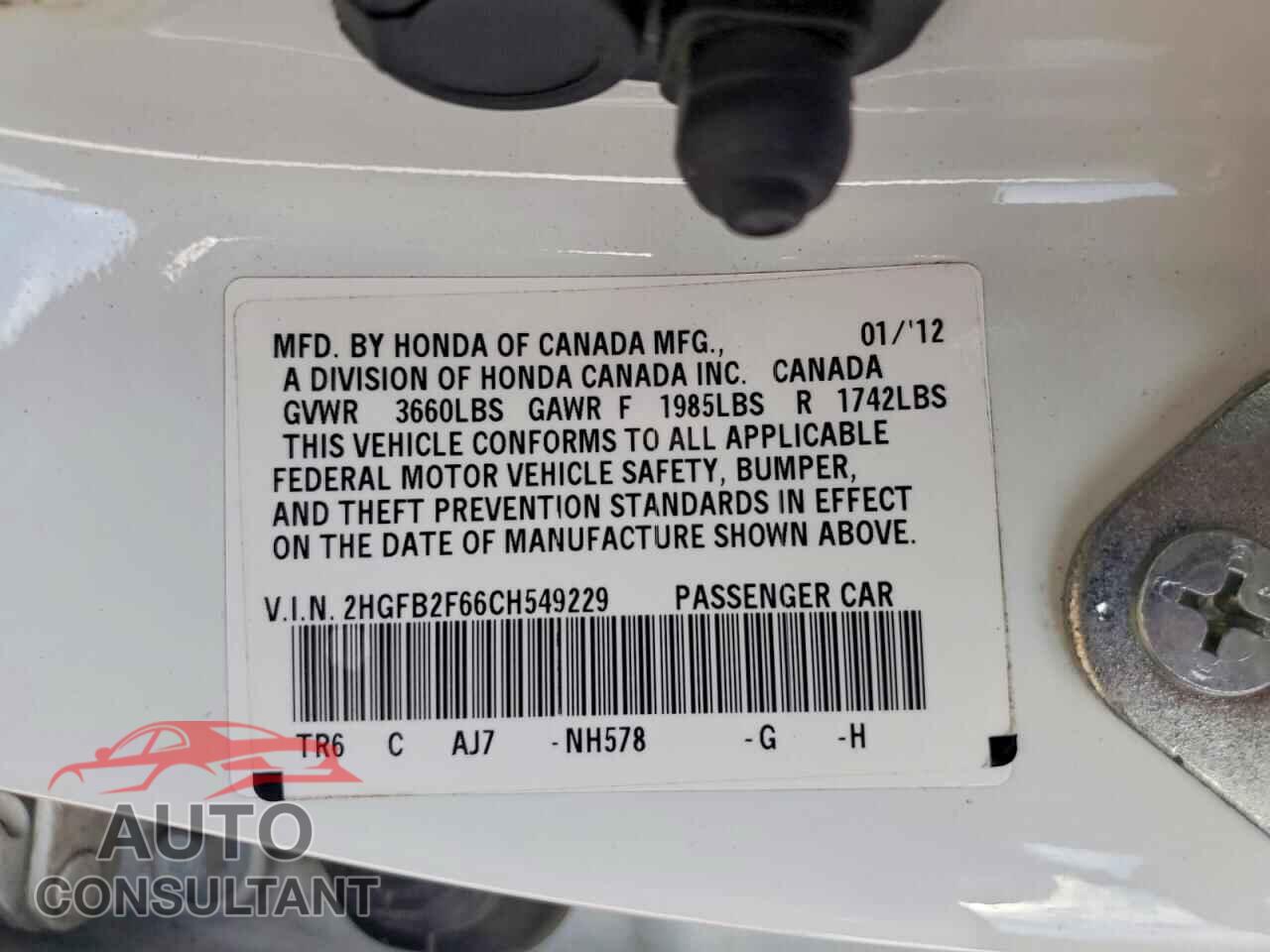 HONDA CIVIC 2012 - 2HGFB2F66CH549229
