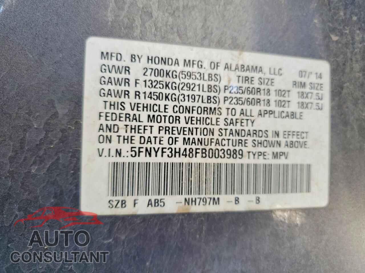 HONDA PILOT 2015 - 5FNYF3H48FB003989