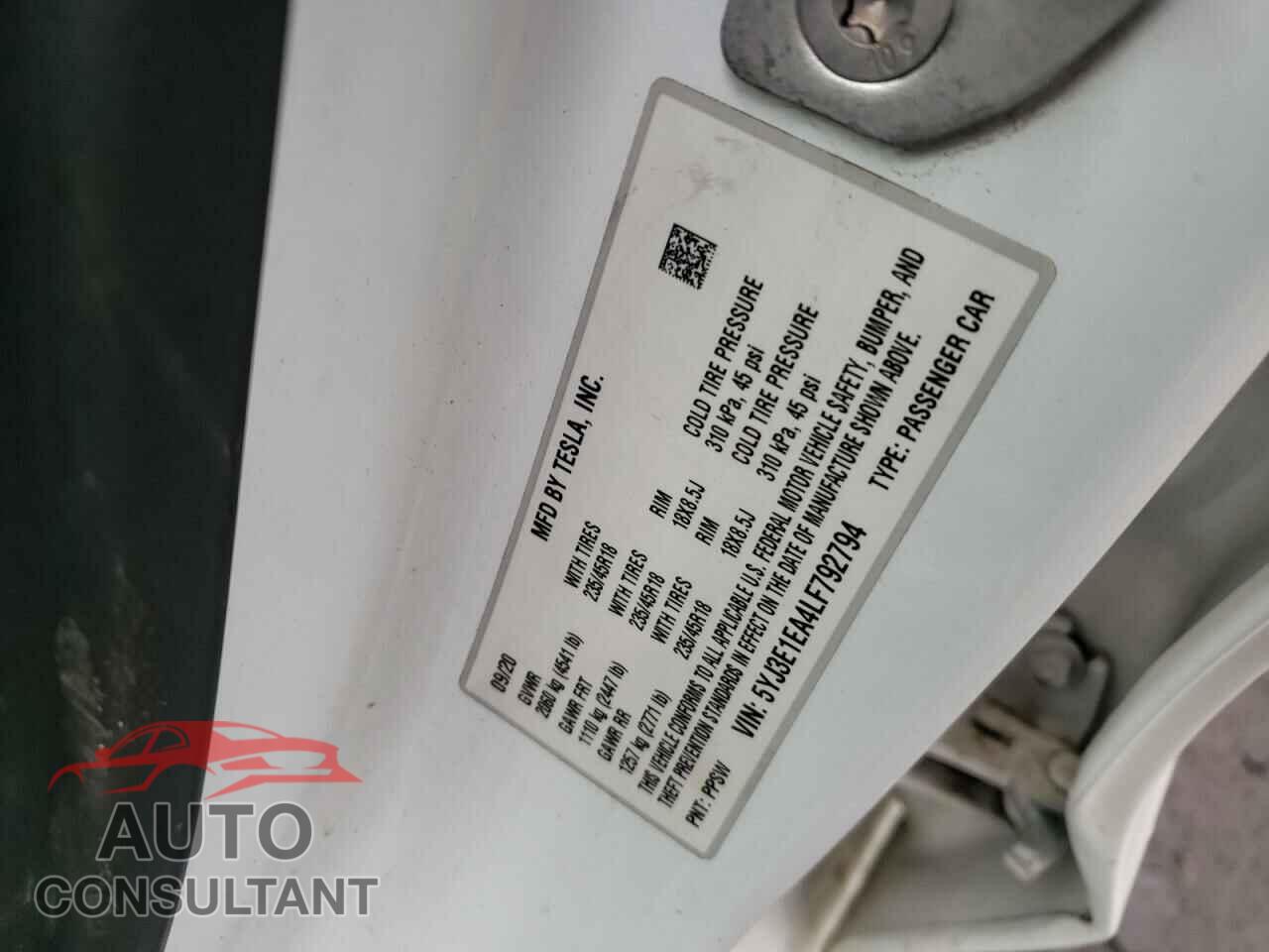 TESLA MODEL 3 2020 - 5YJ3E1EA4LF792794