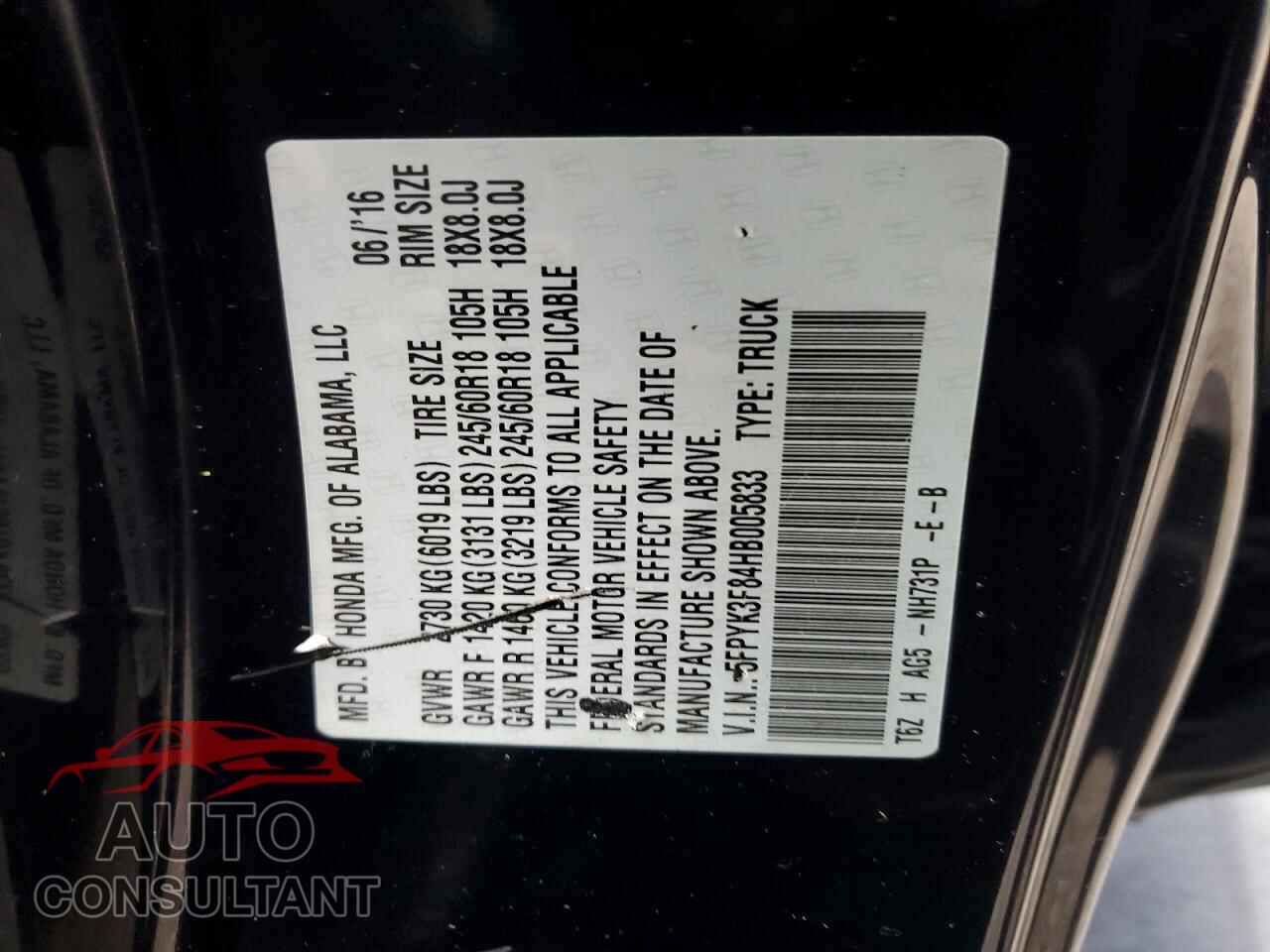 HONDA RIDGELINE 2017 - 5FPYK3F84HB005833