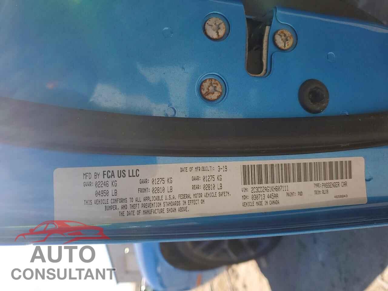 DODGE CHALLENGER 2019 - 2C3CDZAG1KH607111