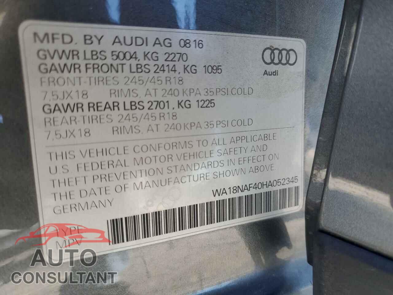 AUDI A4 2017 - WA18NAF40HA052345
