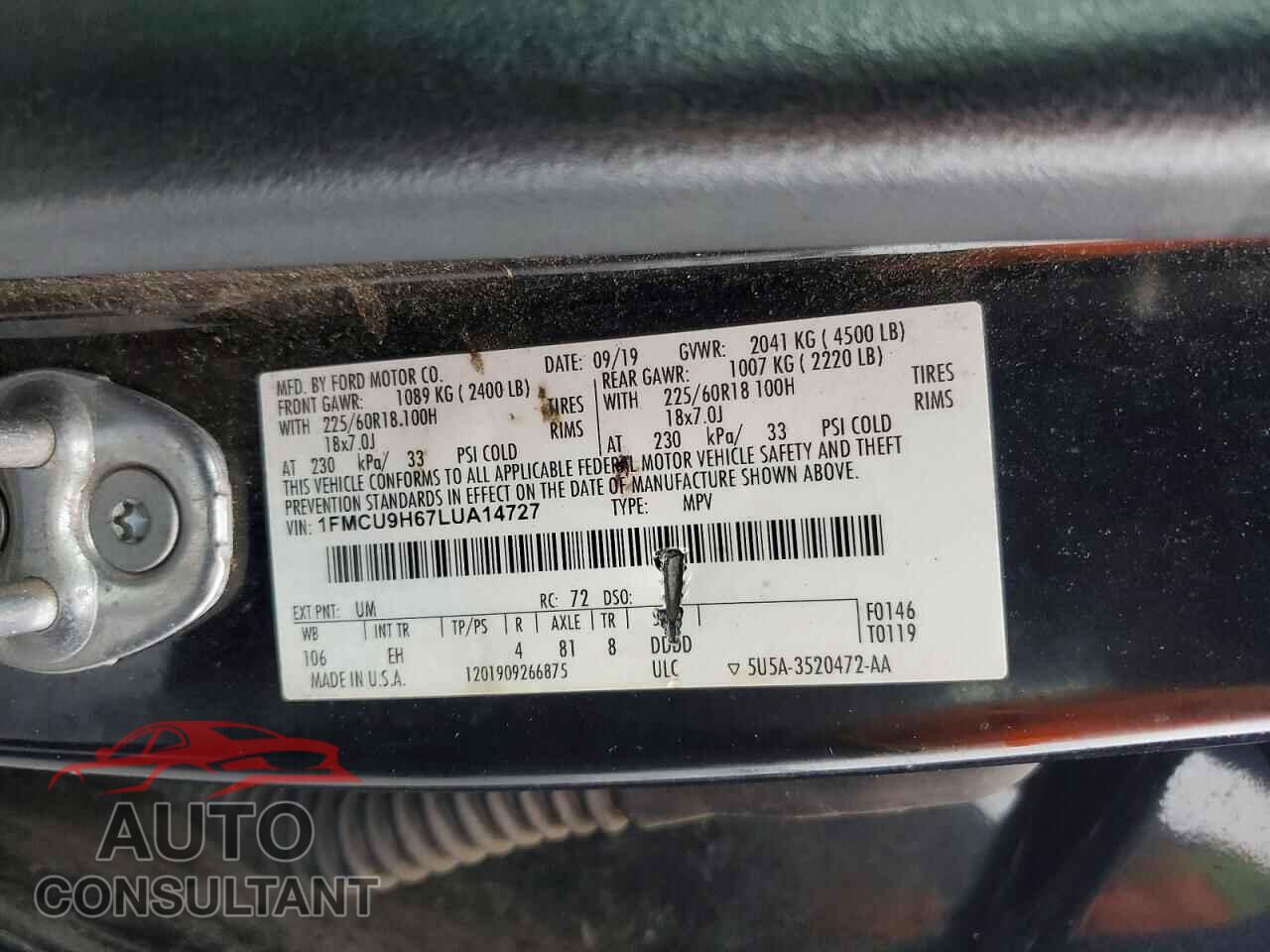 FORD ESCAPE 2020 - 1FMCU9H67LUA14727
